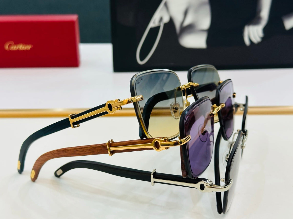 CARTIER C DE RIMLESS RECTANGULAR FRAME SUNGLASSES CT0607S IN METAL AND WOODEN