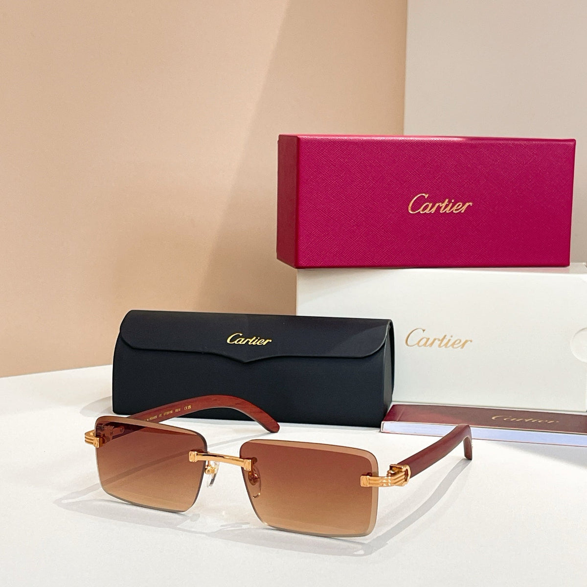 CARTIER C DE RIMLESS RECTANGULAR FRAME SUNGLASSES CT0619S IN METAL AND WOODEN