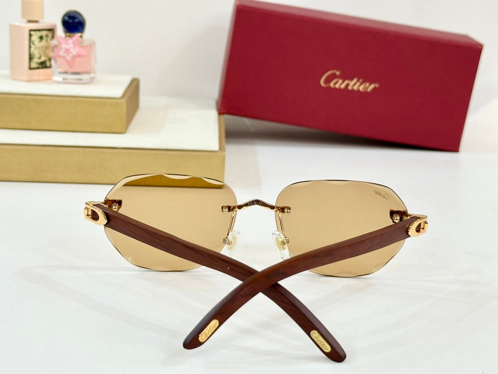 CARTIER C DE RIMLESS GEOMETRIC FRAME SUNGLASSES 547386 IN METAL AND WOODEN