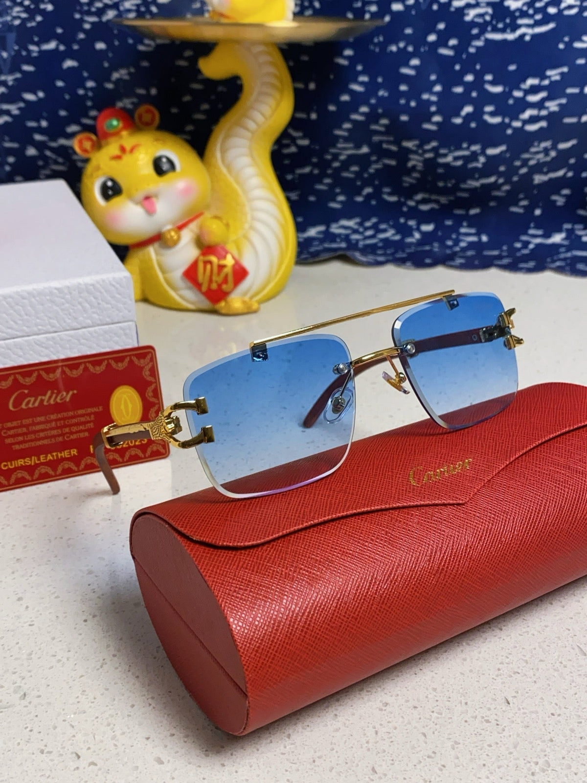 CARTIER C DE SQUARE FRAME SUNGLASSES 522656 IN METAL AND WOODEN
