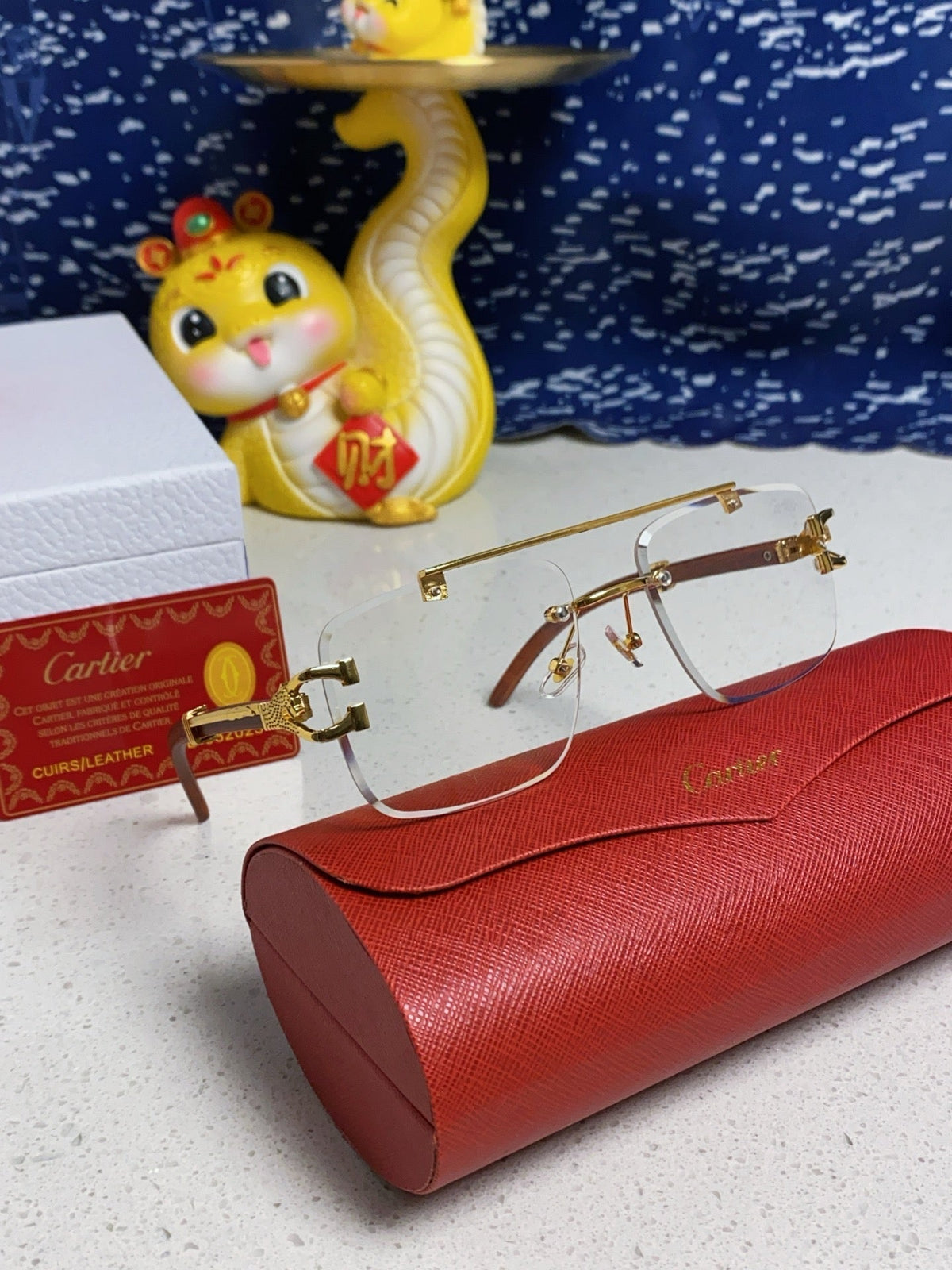 CARTIER C DE SQUARE FRAME SUNGLASSES 522656 IN METAL AND WOODEN